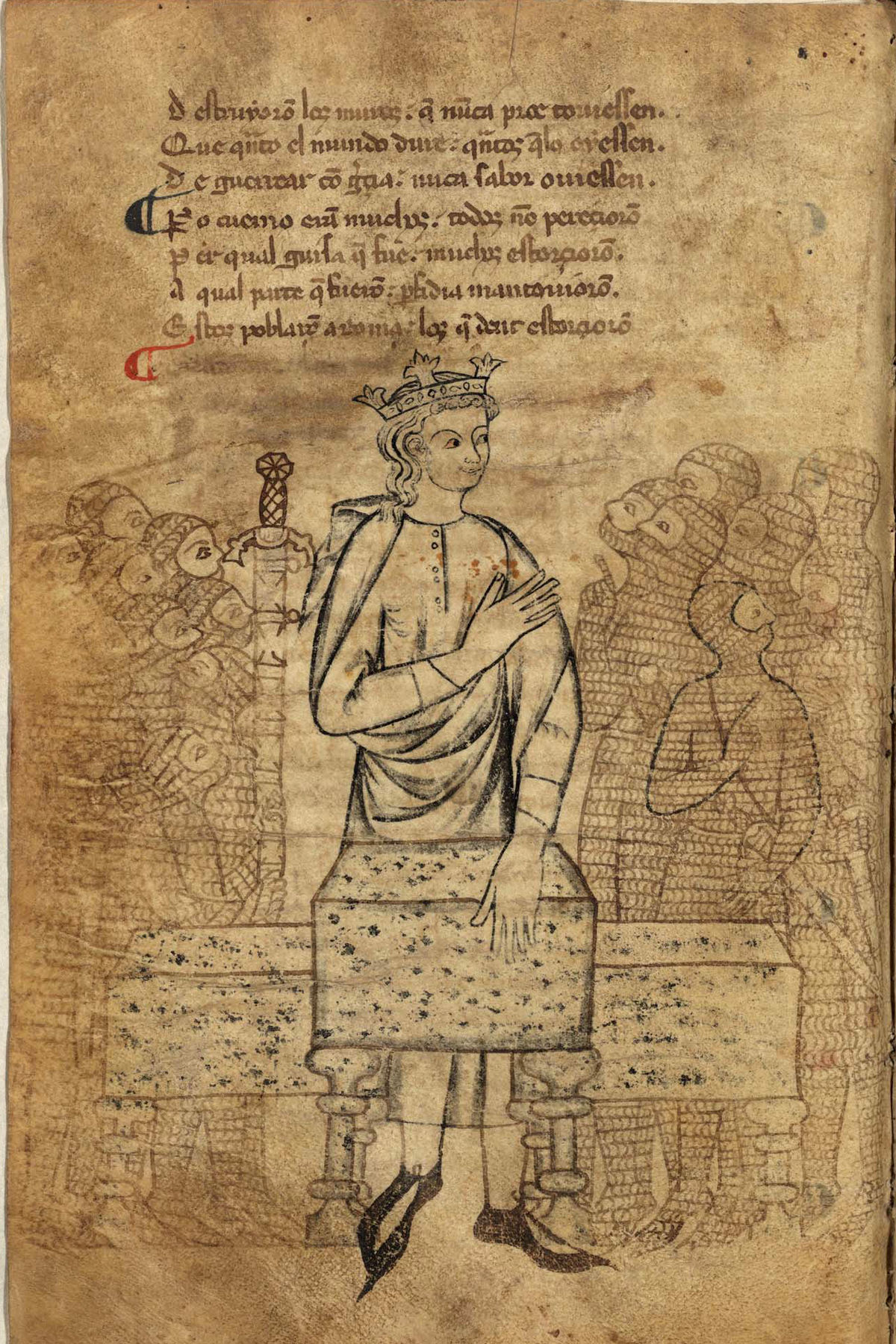 Ilustración de Alejandro en el folio 45v del manuscrito O del Libro de Alexandre.