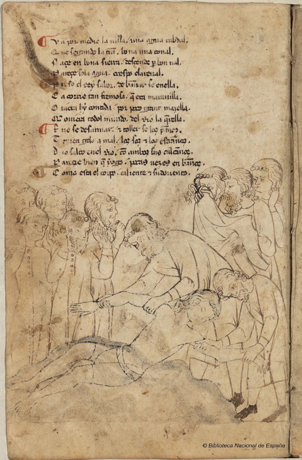 Ilustración de Alejandro en el folio 53v del manuscrito O del Libro de Alexandre.