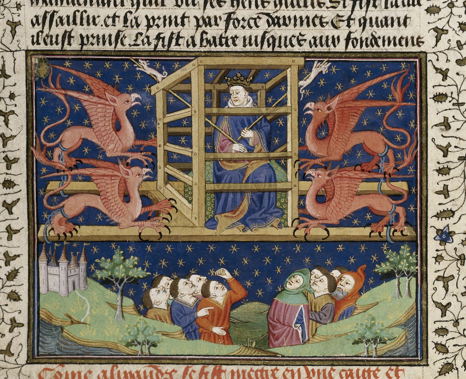 Miniaturas de los viajes aéreo y submarino de Alejandro en el linro de John Talbot, conde de Shrewsbury