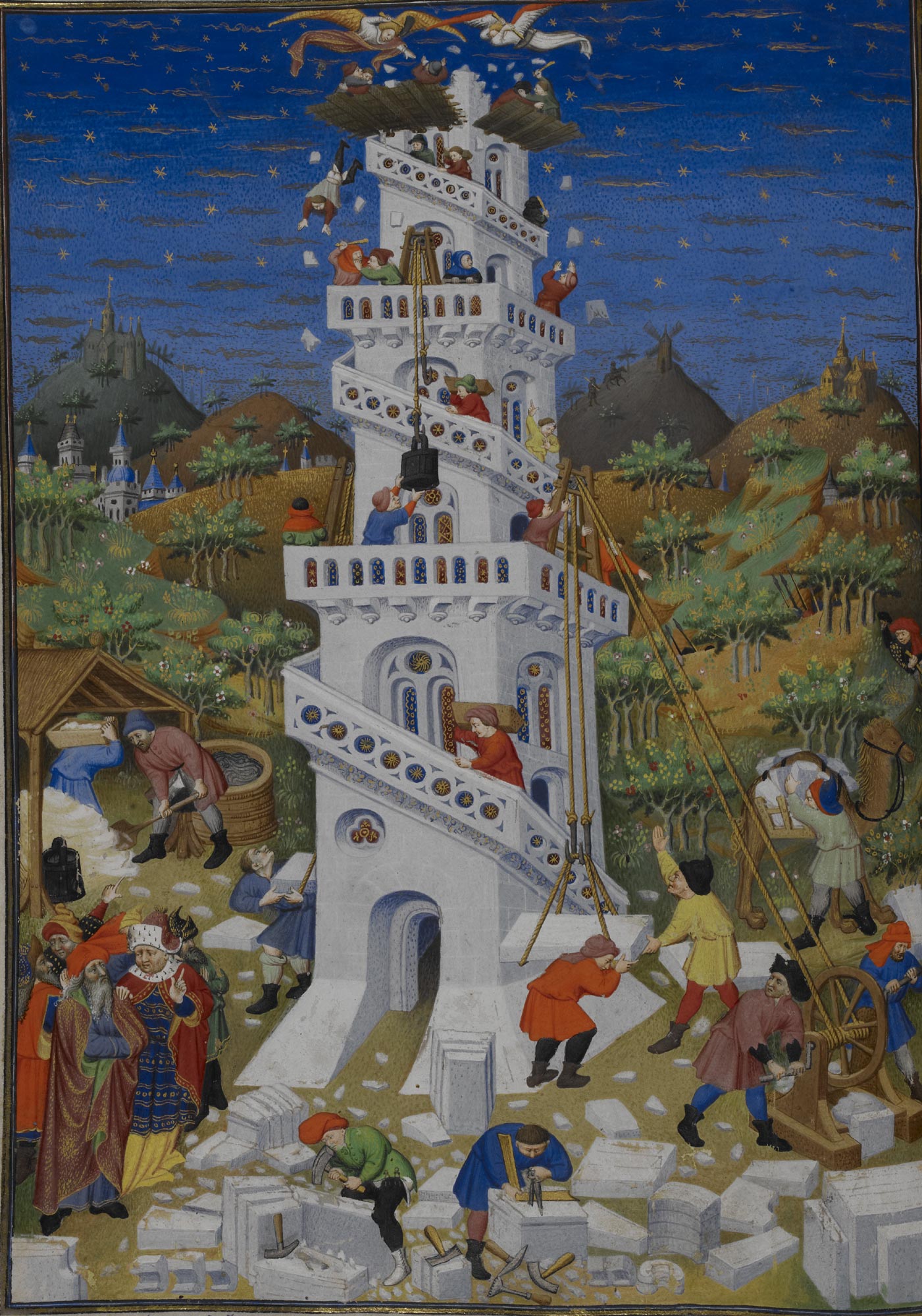 Construcción de la Torre de Babel en el Libro de Horas de Bedford (British Library Add MS 18850, f. 17v)