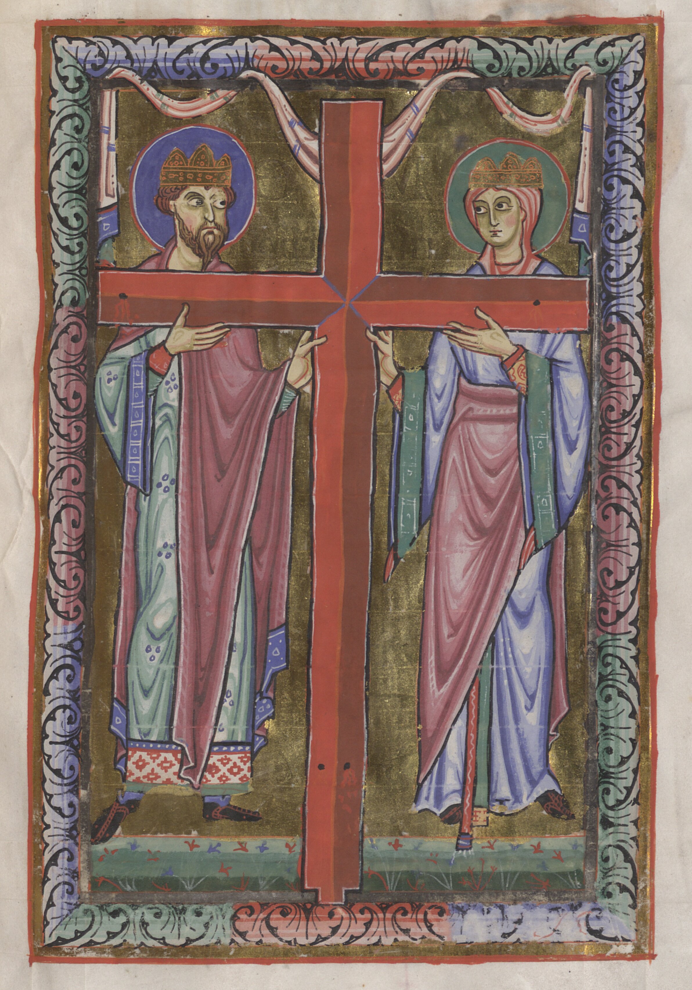 Constantino y Santa Helena con la Vera Cruz, en el Libro de las Perícopas de San Pedro, del convento de Santa Erentrudes, fol. 58r.
