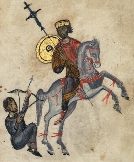 Detalle de Constantino con la Vera Cruz inclinada sobre el hombro, en el Salterio macedonio de Barberini. Biblioteca Apostólica Vaticana, Ms Graec. 372, fol. 100r.