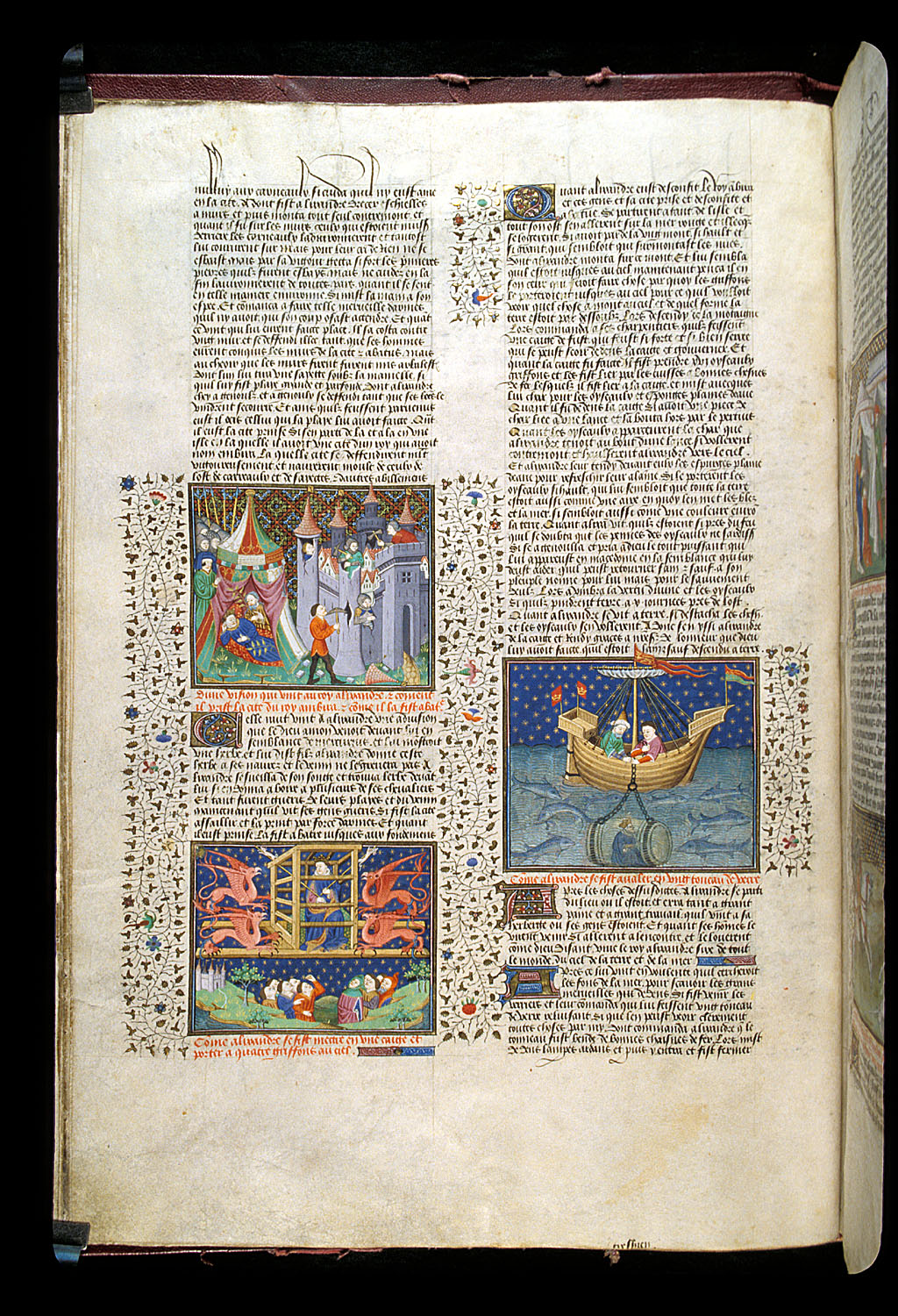 Miniaturas de los viajes aéreo y submarino de Alejandro en el linro de John Talbot, conde de Shrewsbury. Royal 15 E VI f. 20v.