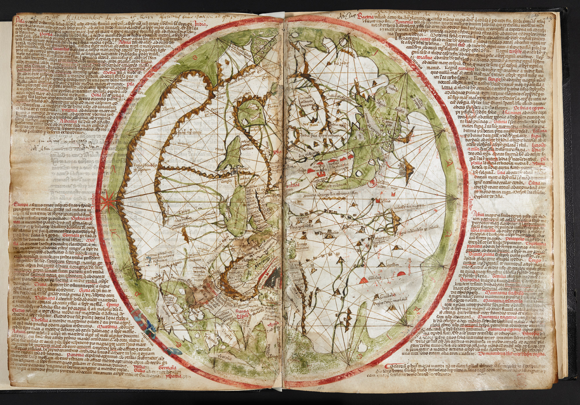 Mapamundi y ejemplo de mapa portulano en el <i>Liber secretorum fidelium crucis super Terrae Sanctae recuperatione et conservatione</i>, del noble veneciano Marino Sanudo